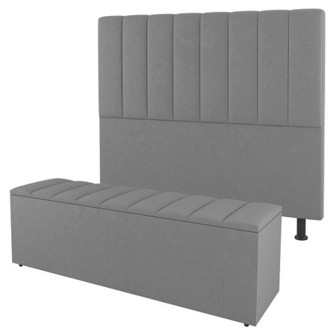 Cabeceira E Baú Cama Box Casal Cora 140cm Suede Cinza Claro