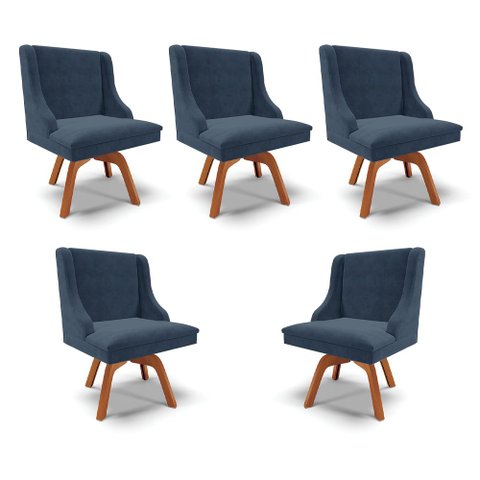 Kit 5 Cadeiras Decorativas Sala de Jantar Base Giratória de Madeira Firenze Suede Azul Marinho/Natur