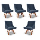 Ver imagem 1 de Kit 5 Cadeiras Decorativas Sala de Jantar Base Giratória de Madeira Firenze Suede Azul Marinho/Natur