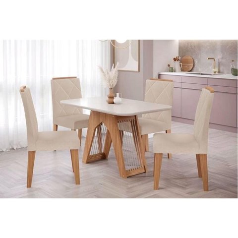 Conjunto: Mesa Sala Jantar Carol Tampo Madeirado C/ Vidro 130x80cm e 4 Cadeiras Fernanda Savana-