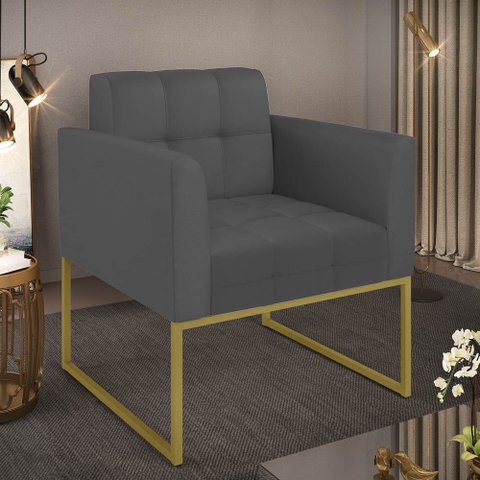 Poltrona Sala Decorativa Elisa Pé de Aço Lateral Dourado Sintético Grafite D03 - D’Rossi