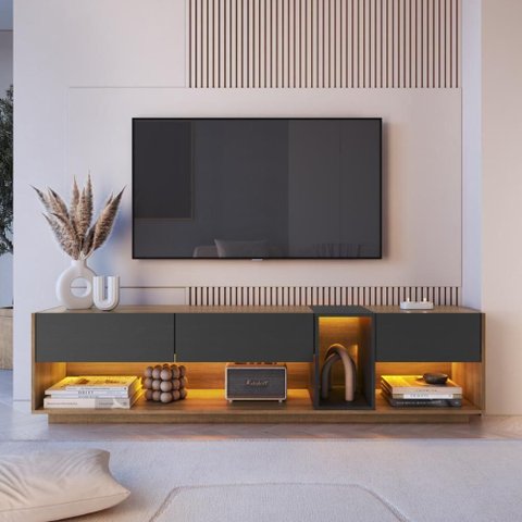 Rack para TV até 65 Polegadas com 3 Gavetas e 1 Nicho com Iluminação em LED RGB RA8001 Mel/Grafite