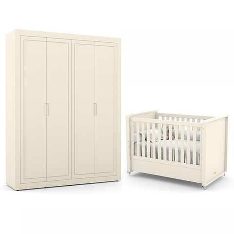 Jogo de Quarto Infantil Tutto New com Guarda Roupa 4 Portas e Berço Off White - Matic Móveis