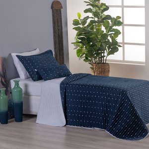 Kit Cobre Leito Solteiro Bordado Urbany Hipercal 400 Fios Azul Marinho