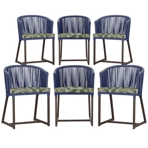 6 Cadeiras de Jantar Área Noronha em Alumínio com Pintura Marrom Corda Náutica Estofado 5 Trama Orig