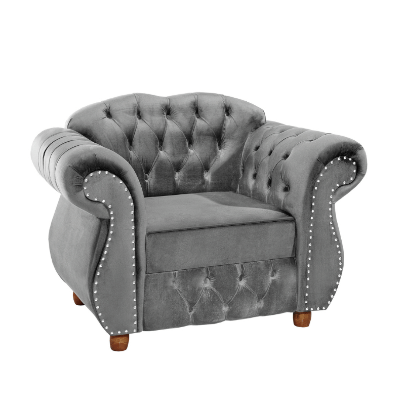 Poltrona Chesterfield Merlô Via Encanto Veludo Cinza Claro