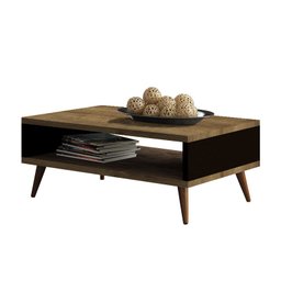 Mesa De Centro Sala de Estar Rack Madeirado e Preto - Com Nicho porta Revistas - 65cm - 2