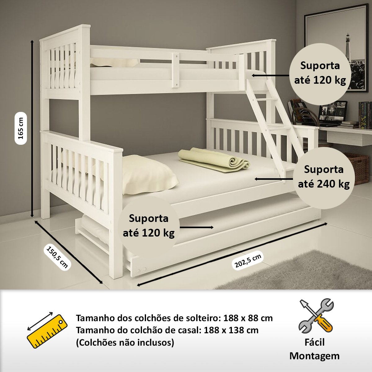 Treliche de Madeira com Cama Casal/solteiro e Cama Auxiliar Totalità - 2