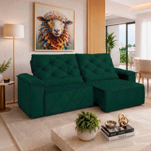 Sofá com Chaise Sirius 2 Lugares Retrátil e Reclinável 290cm Verde