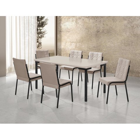 Conjunto Sala de Jantar Mesa Iza New Tampo MDF/Vidro 6 Cadeiras Natani New Bege/Black/Off White