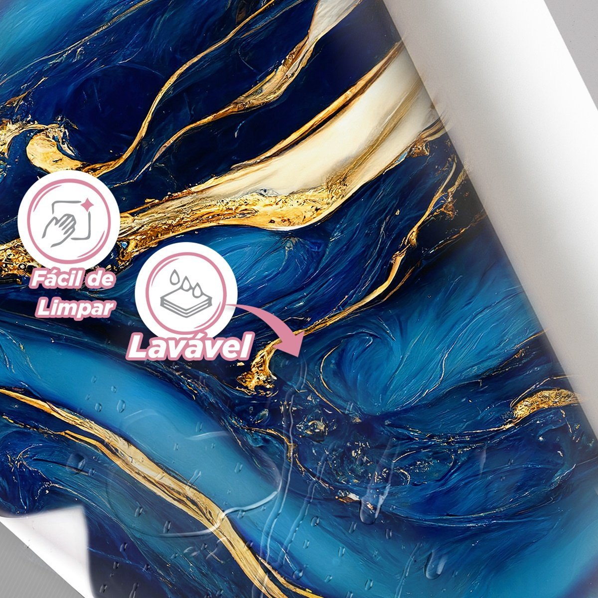 Papel de Parede Painel 3D Mármore Azul com Dourado 2M Revestimento Pedra Requinte Auto Colante - 4