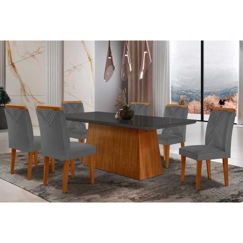 Conjunto: Mesa Sala Jantar Luna Tampo Madeirado C/ Vidro Canto Curvo 180x90 e 6 Cadeiras Amsterdã