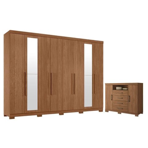 Guarda Roupa Casal com Cômoda Master New 8 Portas de Bater 4 Gavetas MDP Jatobá Acetinado Santos