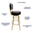 Ver imagem 2 de Banqueta Alta Bar Giratória com Encosto Cor Dourado Fosco Assento Preto Poltronas do Sul 618