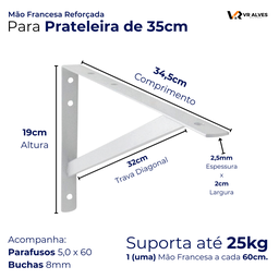 8x Suporte Mão Francesa Reforçada Branca 35cm - 2