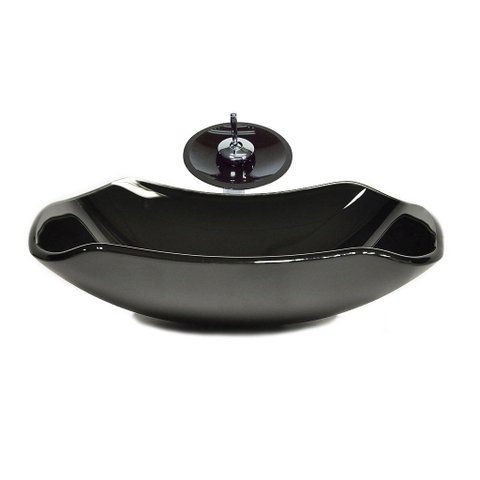 Cuba de Vidro Abaulada 51cm Preto + Valvula + Torneira Cascata