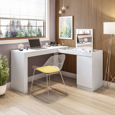 Penteadeira e Escrivaninha Organizadora de Canto Star com Espelho Makeup Cor Branco Liberty Móveis