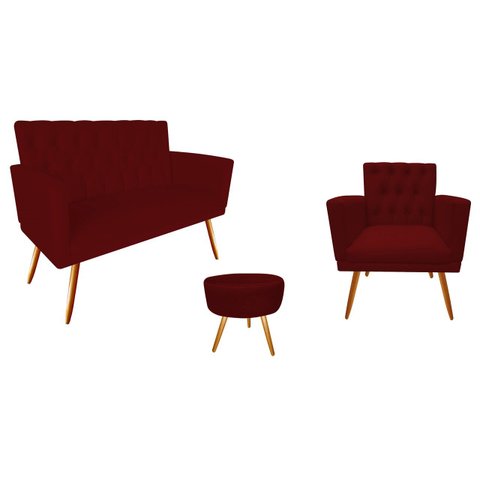 Kit Namoradeira + 1 Poltrona Decorativa Nina Capitonê + Puff Redondo Suede Marsala Pés Madeira Ms De