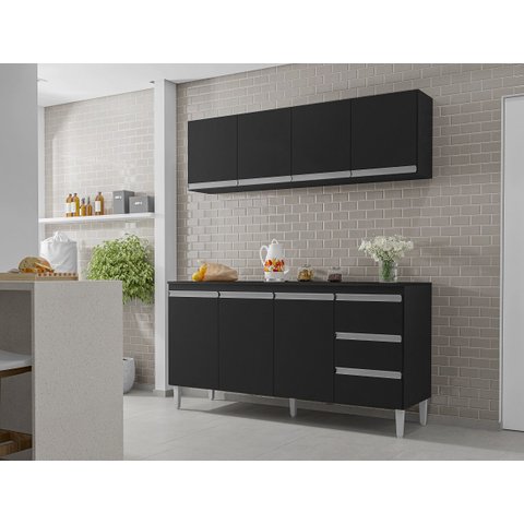 Armário Aéreo e Balcão + Tampo Andréia 150cm Preto - AJL Móveis