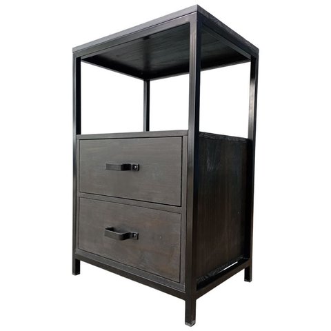 Mesa de Cabeceira Cor Preta com 2 Gavetas Estilo Industrial - Ferro Metalon e Madeira Maciça
