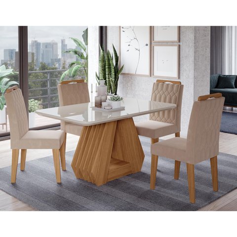 Conjunto de Mesa Ágata 130x80 cm e 4 Cadeiras Paola - MDF/Vidro - Off White/Nature