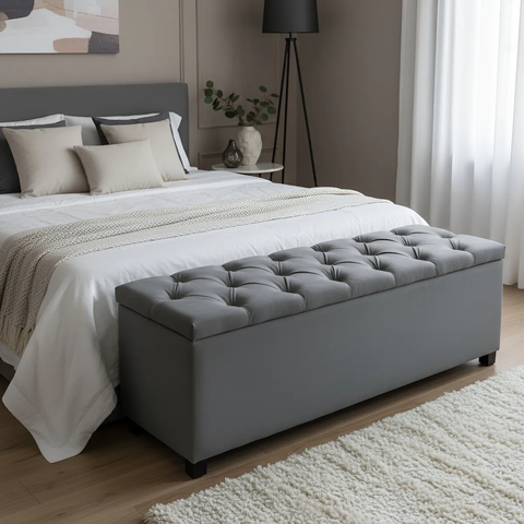 Puf Baú Estofado em Capitonê Queen 160x40x45cm Cor Cinza - Estrutura em Mdf e Tecido em Veludo Suede