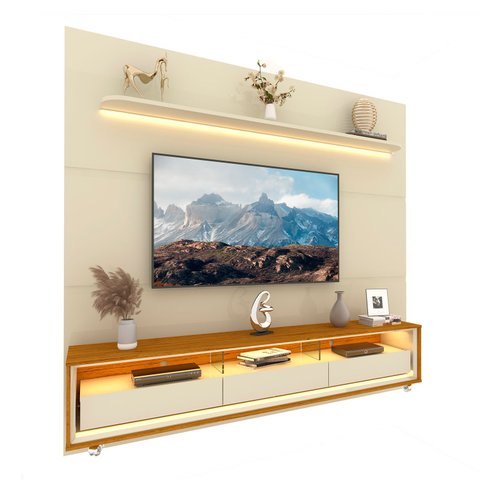 Rack com Painel Royal/requinte 2.2 C/rodízio Off White com Naturale - Gelius Móveis