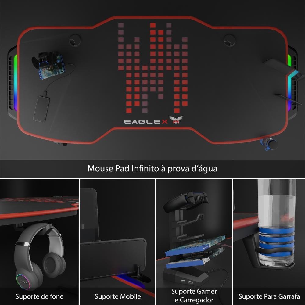 Mesa Gamer Grande Para 2 Monitores Preto e Vermelho Com Led Rgb Mousepad Infinito - 4