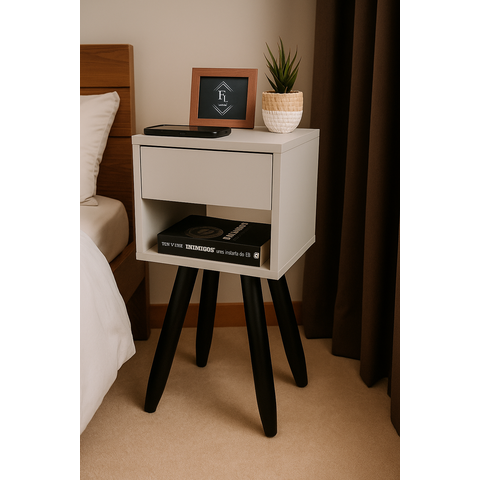 Mesa de Cabeceira Retrô 30cm MDF Off White com Pés Palito Marrom  – Vai Montada
