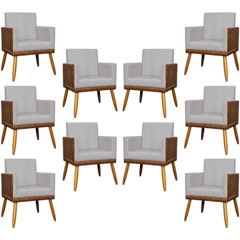 Kit 10 Poltronas Decorativas Lis Corino e Linho Cores Pé Palito 30 Cm Castanho