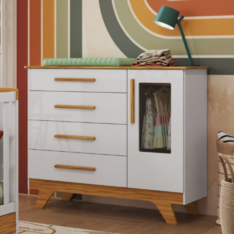 Cômoda Infantil Retrô Peroba em 100% MDF Branco com Amêndoa