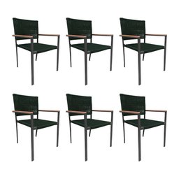 Kit 6 Cadeiras Piracicaba Corda Náutica Braço com Detalhe em Madeira Base Alumínio Preto/verde Musgo - 1