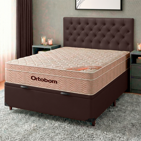 Cama Box Bau + Colchão Casal Ortobom Molas Ensacadas Airtech + Cabeceira Estofada