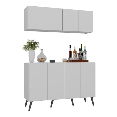 Kit Bar Armário Aéreo e Aparador 4 Portas Retrô Multimóveis Mp1086 Branco/preto