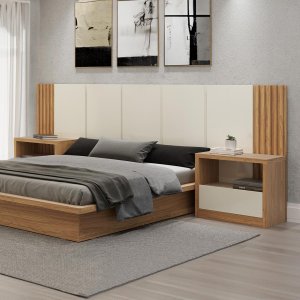 Kit Quarto Casal Base Cama Cabeceira e 2 Mesas de Cabeceira Mdf Off White Freijó Dalla Costa