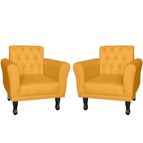 Kit 2 Poltronas Decorativa Classic Couro Amarelo Pés Madeira Mz Decor