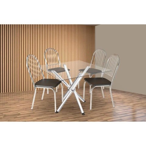 Sala de Jantar Completa Volga C/ Tampo de Vidro 90cm e 4 Cadeiras Noruega Cromada - Courano Preto -