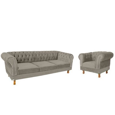 Um Sofá Duque Chesterfield 1.80 + Uma Poltrona Suede Cinza Camurça Sala Recepcao Barbearia