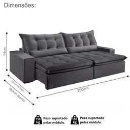 Sofá Retrátil e Reclinável 2,50cm com Pillow e Molas Ensacadas Montebello - Movenzo Estofados - 3