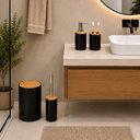 Ver imagem 4 de Conjunto Banheiro 4 Pecas Lixeira Tampa Bambu 6 Litros Escova Sanitaria Kit Acessorios Porta Sabonet