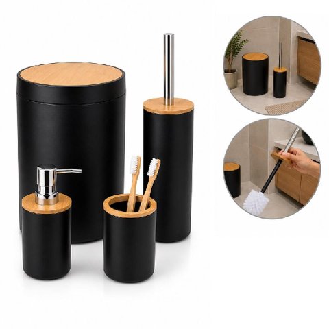 Conjunto Banheiro 4 Pecas Lixeira Tampa Bambu 6 Litros Escova Sanitaria Kit Acessorios Porta Sabonet