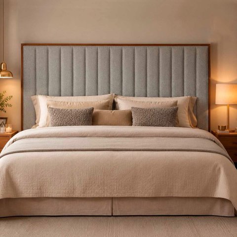 Painel Cabeceira Estofado Cama Box King Moldura Madeira Lua: Linho Cinza