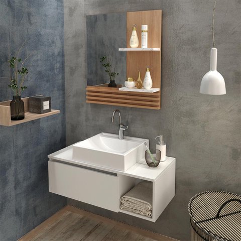 Kit Completo Lavabo com Cuba e Espelho Branco Amêndoa Tecno Mobili