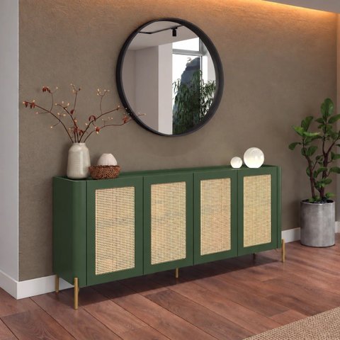 Buffet Bend 180 cm Porta Sextavada Incolar Musgo com Pé Dourado