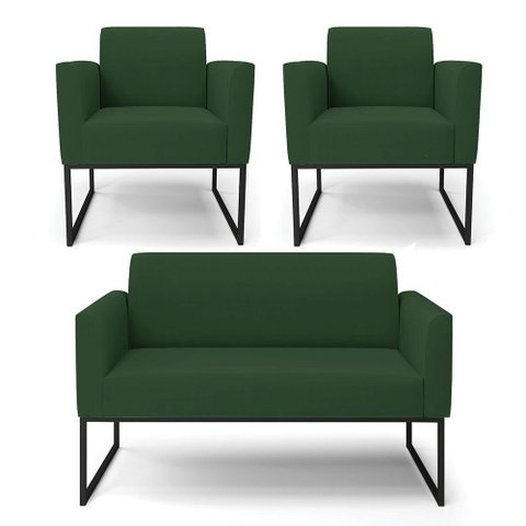 Sofá Namoradeira com 2 Poltronas Base Industrial Preto Marisa Veludo Verde D03 - D'Rossi
