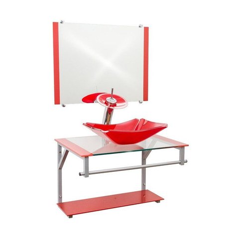 Gabinete de Vidro 60cm Cuba Chanfrada Vermelho + Torneira Cascata - Dahora