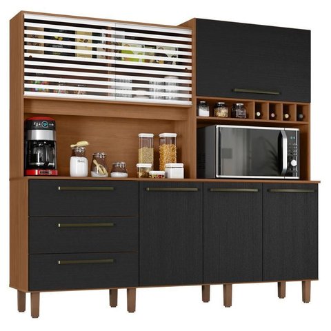 Armário para Cozinha Kit Mega 6 Portas 3 Gavetas Cinamomo Preto Catedral Fosco - Zanzini