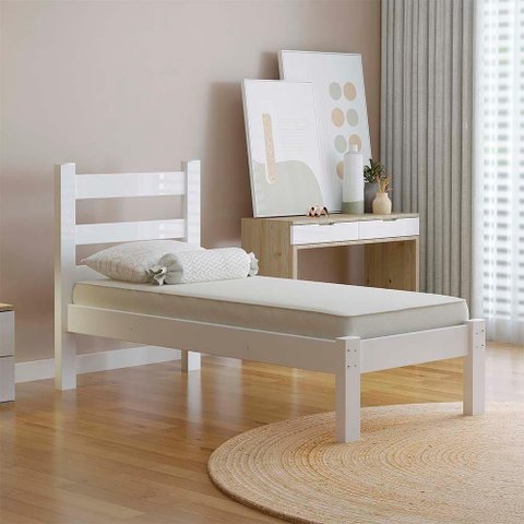 Cama Madeira Maciça de Solteiro Branco Rubi Nemargi