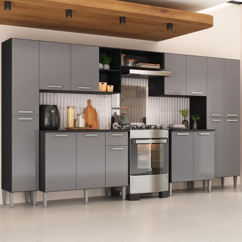 Armário Cozinha Modulada Completa 329,5cm Pequim Top Multimóveis Mp3767 Preto/lacca Fumê