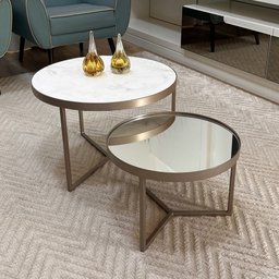 Conjunto Mesa de Centro Redonda Dallas Marmo Branco com Espelho - Champagne - 1